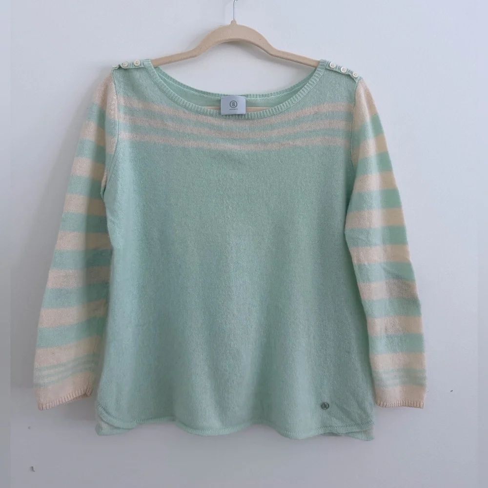 Bogner Cashmere Pastel Green and Cream Knit Sweater